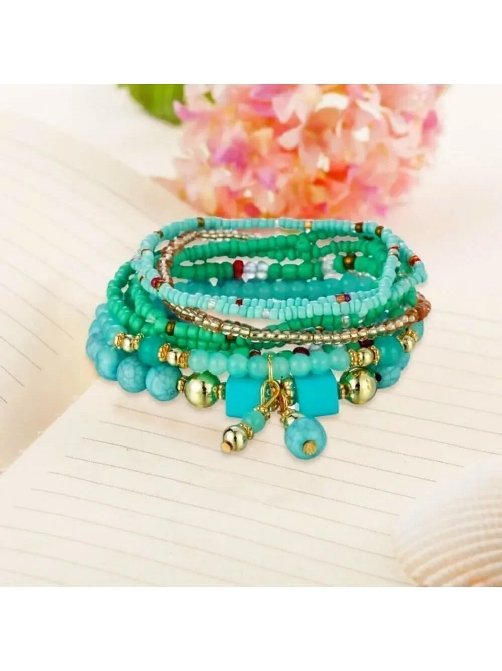 Stackable Bead Bracelets Ladies Stretch Multilayer Bracelet Set Turquois…